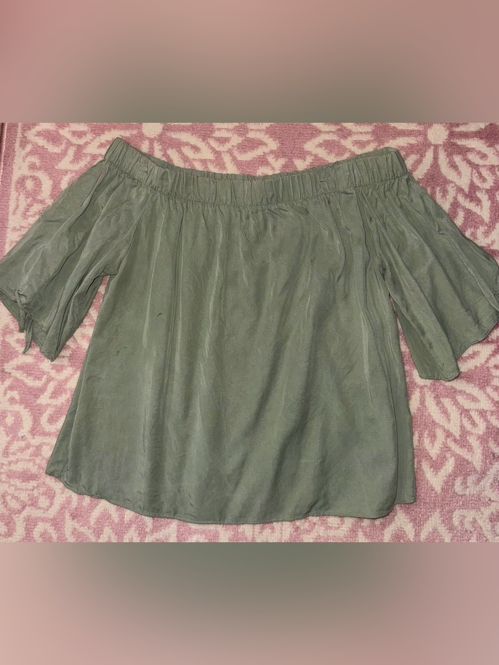 Love Stitch Olive Green Off Shoulder Bell Sleeve Boho Blouse Size M